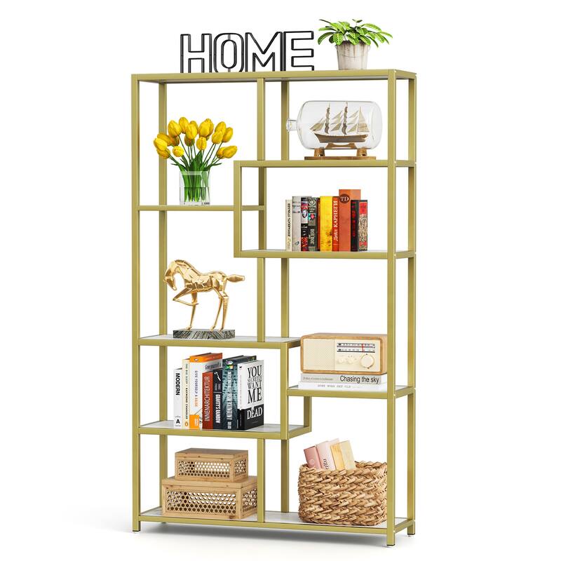 White Gold Bookshelf Bookcase 8-Open Shelf Etagere Bookcase with Faux Marble