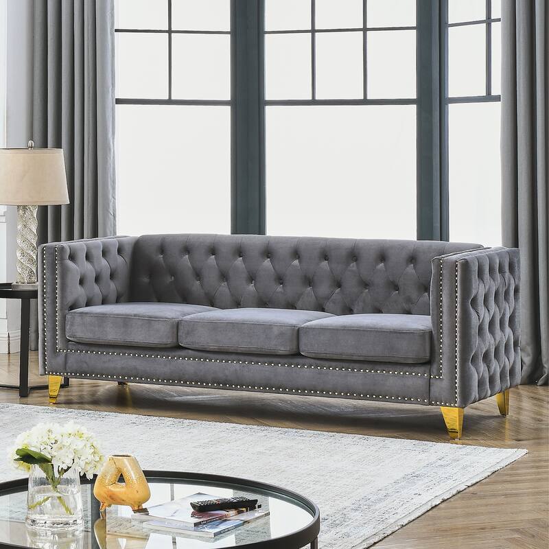 Buttons Tufted Velvet Upholstered Three Person Sofa with Nailhead Trim