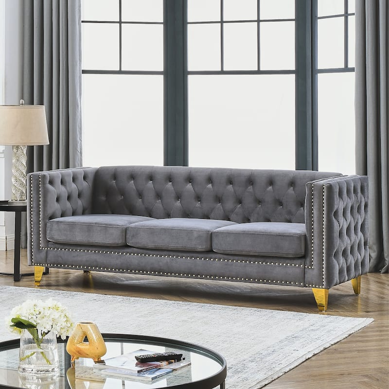Velvet Upholstered Deep Seat Couch 3 Seater Tufted Buttons Sofa with Nailhead Trim and Removable Cushions for Living Room