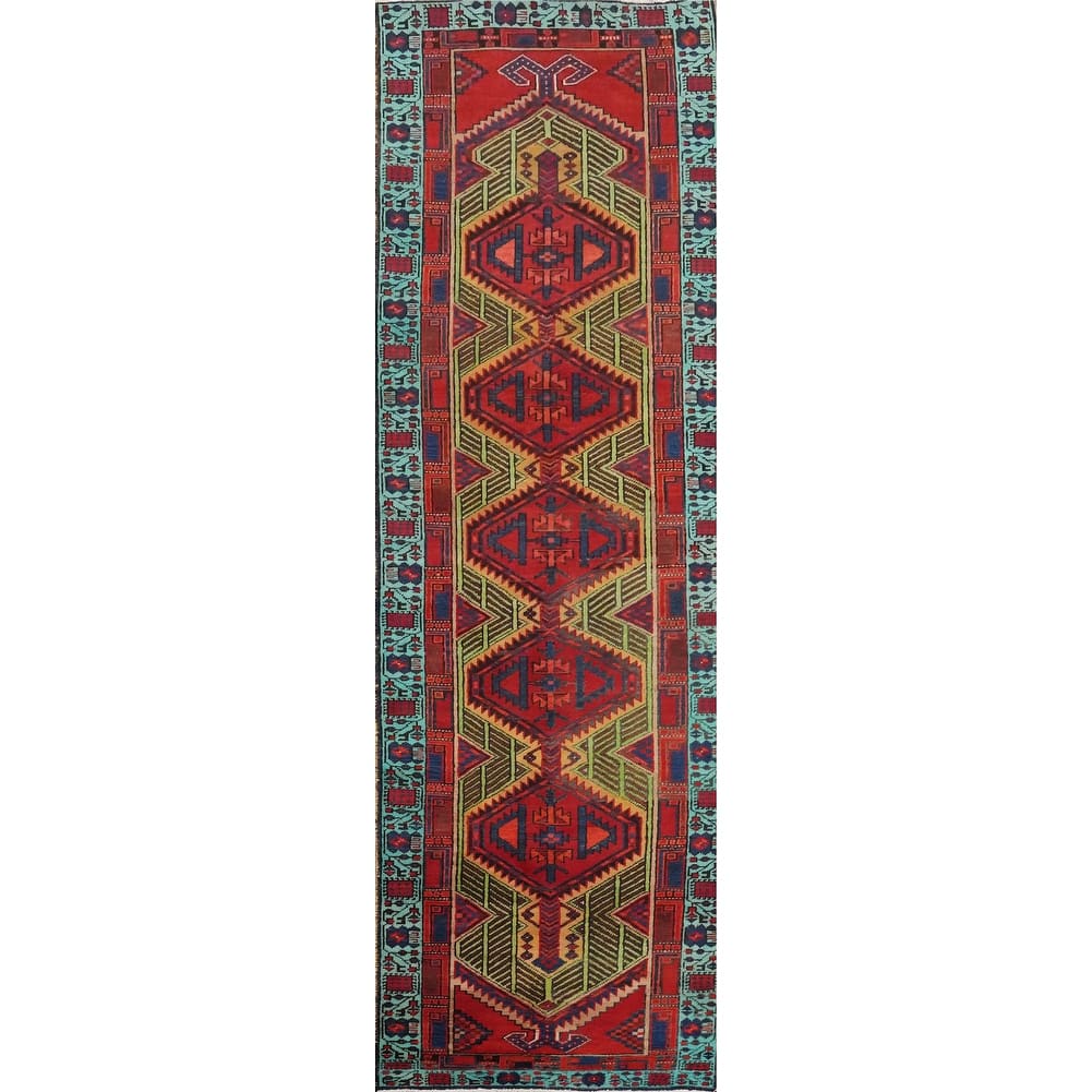 Hand Knotted Oriental 100% Wool Carpet Traditional Geometric Red Ardebil Runner Rug - 10' 8'' X 2' 10''