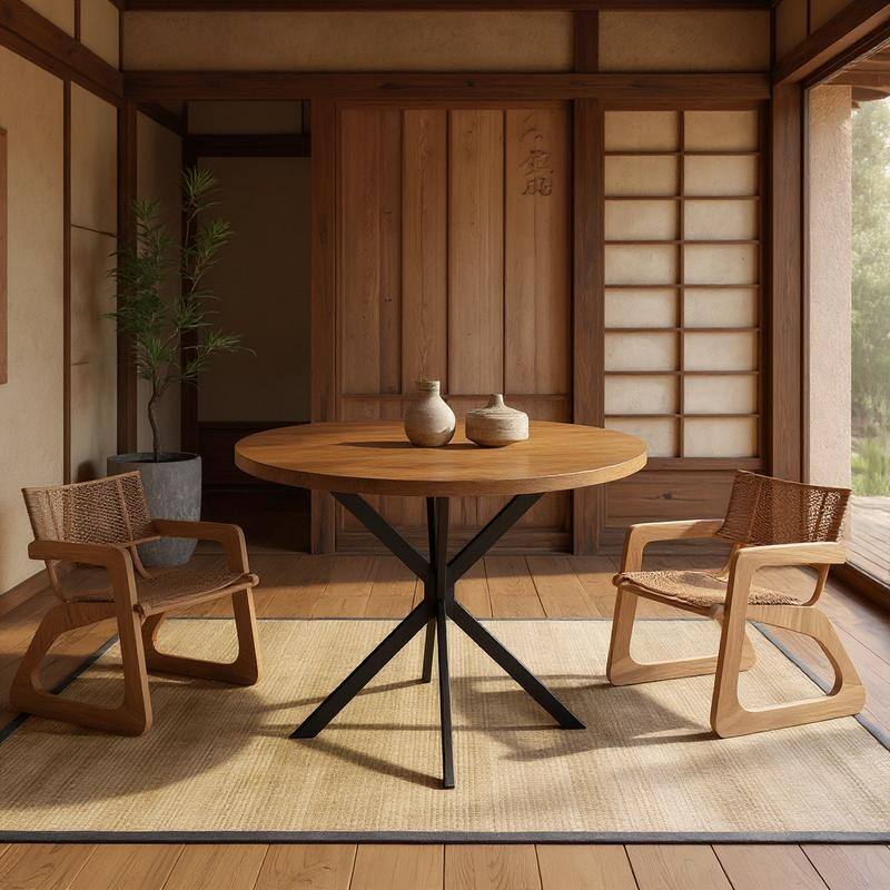 Grondin Modern Farmhouse Style 38.6“ Round Dining Table with 1.18" Thick MDF Tabletop and Pedestal Cross Metal Legs