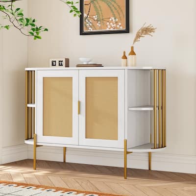 2-Door Storage Cabinet with Woven Rattan Doors, Buffet Sideboard with Gold Trim, Console Table with Curved Open Shelves
