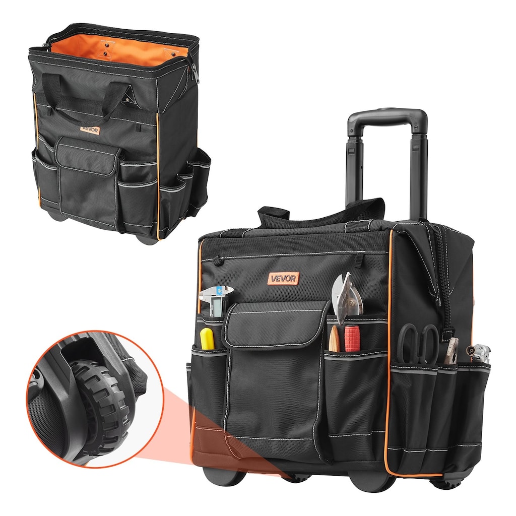 Heavy Duty Rolling Tool Bag with 25 Pockets for Tools and Gear - 15.35 x 11.41 x 16.53 in