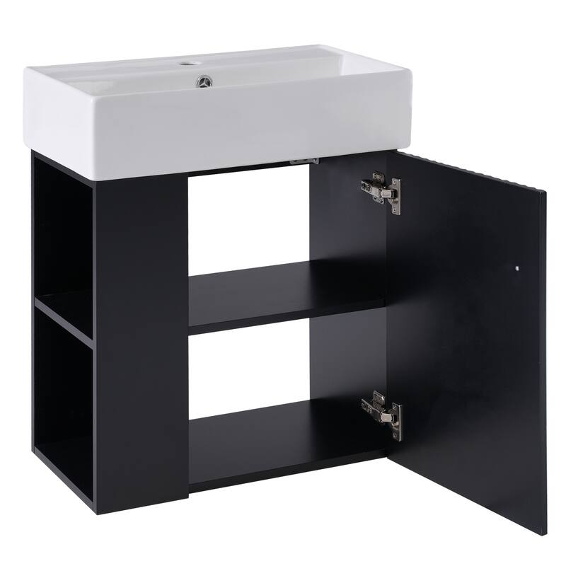 Floating Bathroom Vanity Cabinet with Sink & Left Side Storage, Black - 21.6 Inch