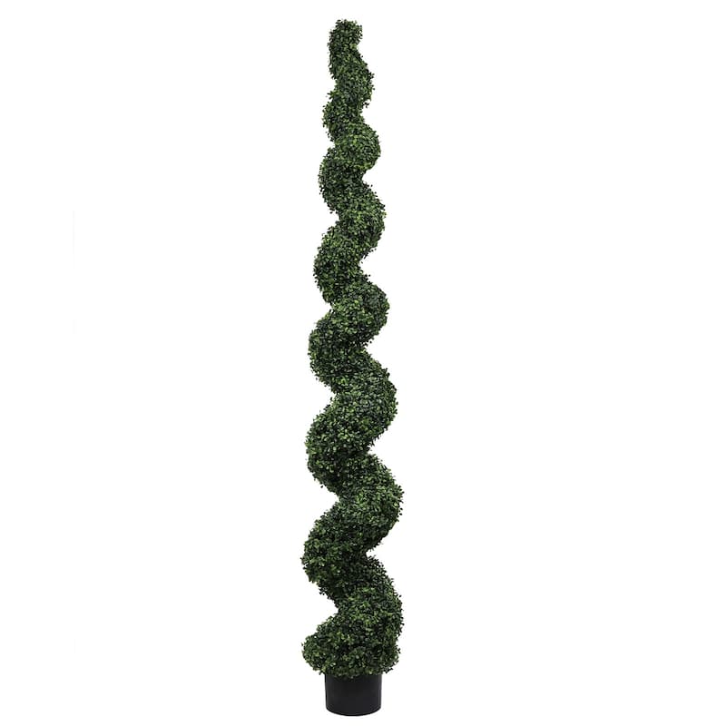 7FT Spiral Topiary Trees Artificial Outdoor Faux Boxwood Plants Large Twisted Green Potted Trees with Dark Green Leaves 1pc/set