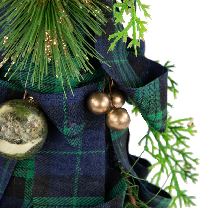 18" Green and Blue Plaid Ribbon Christmas Tabletop Cone Tree