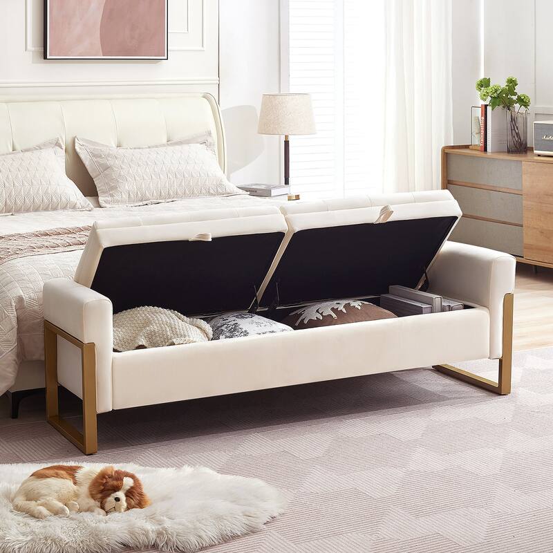 66" Storage Bench King Size End of Bed with Double Lids and Gold Legs