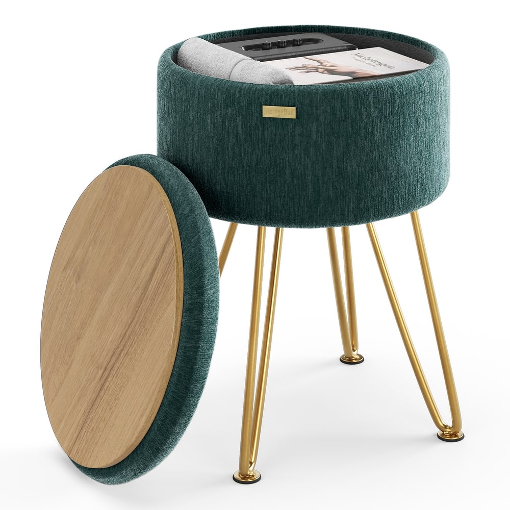 Empyrean Textured Velvet Round Ottoman with Hidden Storage