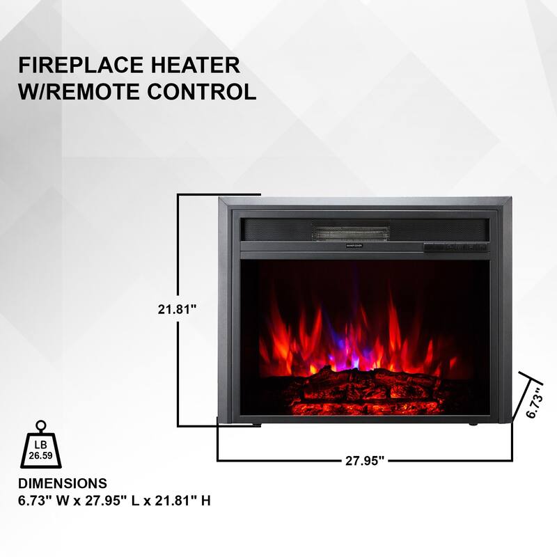XBrand Insert Fireplace Heater w/Remote Control and LED Flame Effect, 28 Inch Long, Black