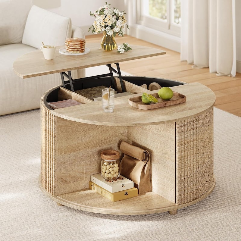 Round Lift Top Coffee Table 180 Grad Curved Sliding Door Living Room