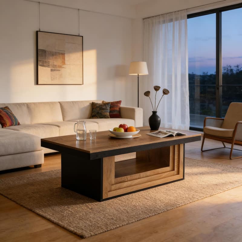 47" Retro Modern Coffee Table With Open Shelf For Living Room