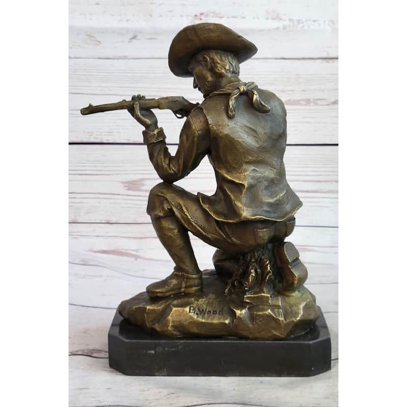 Bronze Figure Of A Kneeling Ranger With Rifle Cowboy Theme Sculpture Statue 11 Inches X 8 Inches