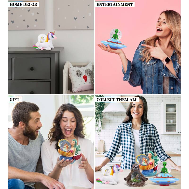 CoTa Global Unicorn, Sloth, Space Saucer, Mermaid Snow Globe Set of 4 - 45 mm