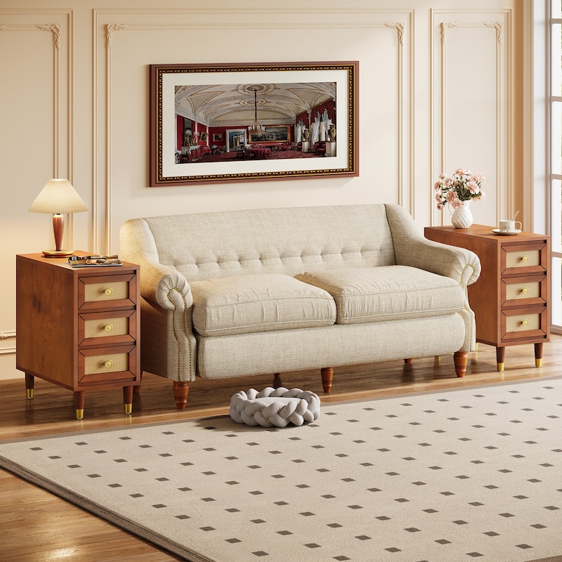 Solid Wood End Table with 3 Drawers, Narrow Sofa Side Table