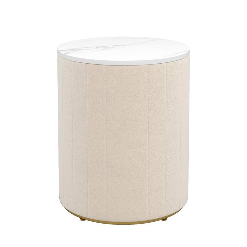 2 Set Upholstered Nightstand with 3 Drawers, Round Bedside Table with Metal Handles,Marbling Stickers Top Night Table