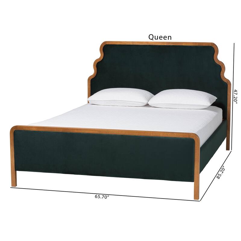 Gerianne Velvet Upholstered Platform Bed - Classic European Bed Frame with Scalloped Headboard and Wood Trim