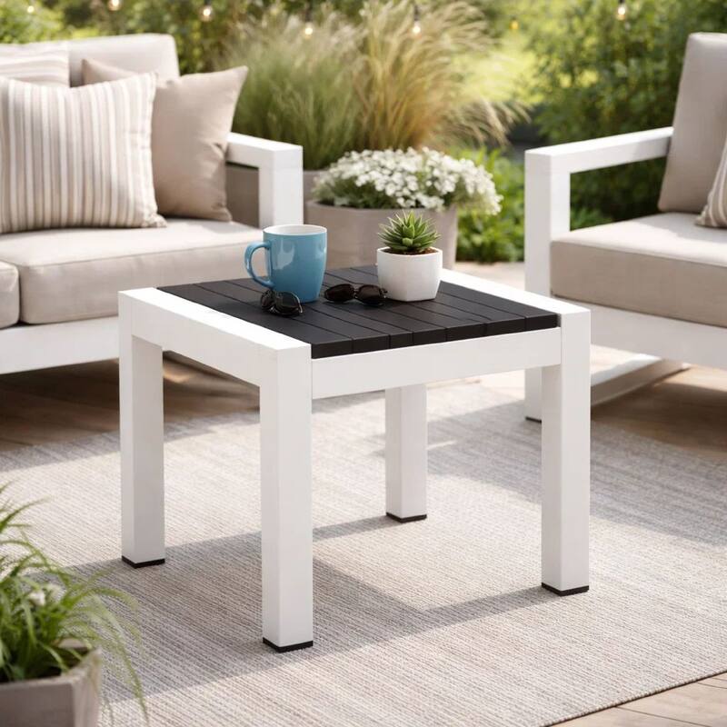 Josh 18 Inch Side End Table, Jet Black Polyresin Planks, Aluminum Frame