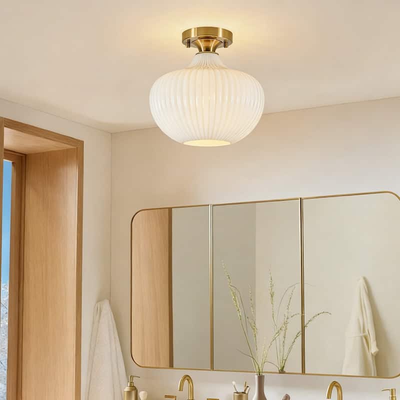 1-Light Modern Elegant Ribbed Glass Flush Mount with Brushed Brass/Matte Black Finish for Bedroom & Foyer