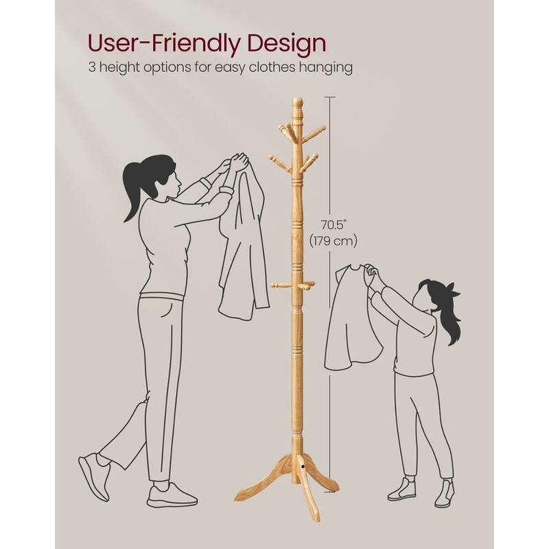 Natural Wood Freestanding Coat Rack Stand Tree with 9 Hooks and Tri Leg Base for Jackets and Hats - 18.5"D x 18.5"W x 70.5"H