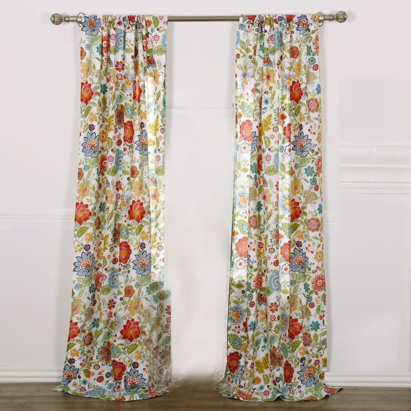 84 Inch Window Two Panel Curtain, Red and Blue Flowers, Polyester, Back Ties - 13 Inches - Red, Blue, Pink