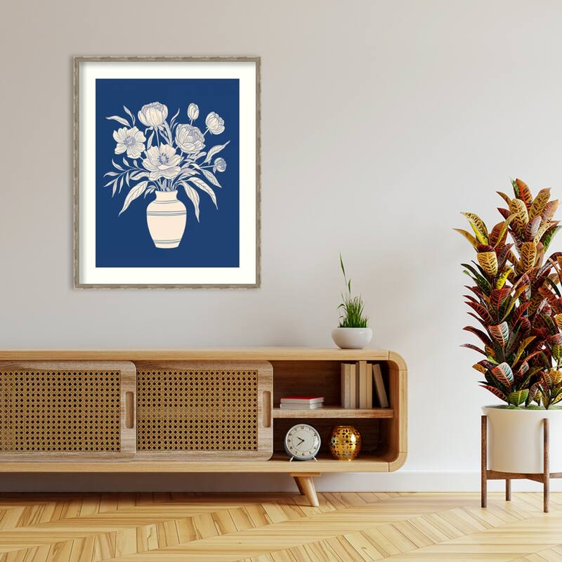 Flower Bouquet Vase on Blue by The Creative Bunch Studio Wood Framed Wall Art Print - Mila Dark Silver
