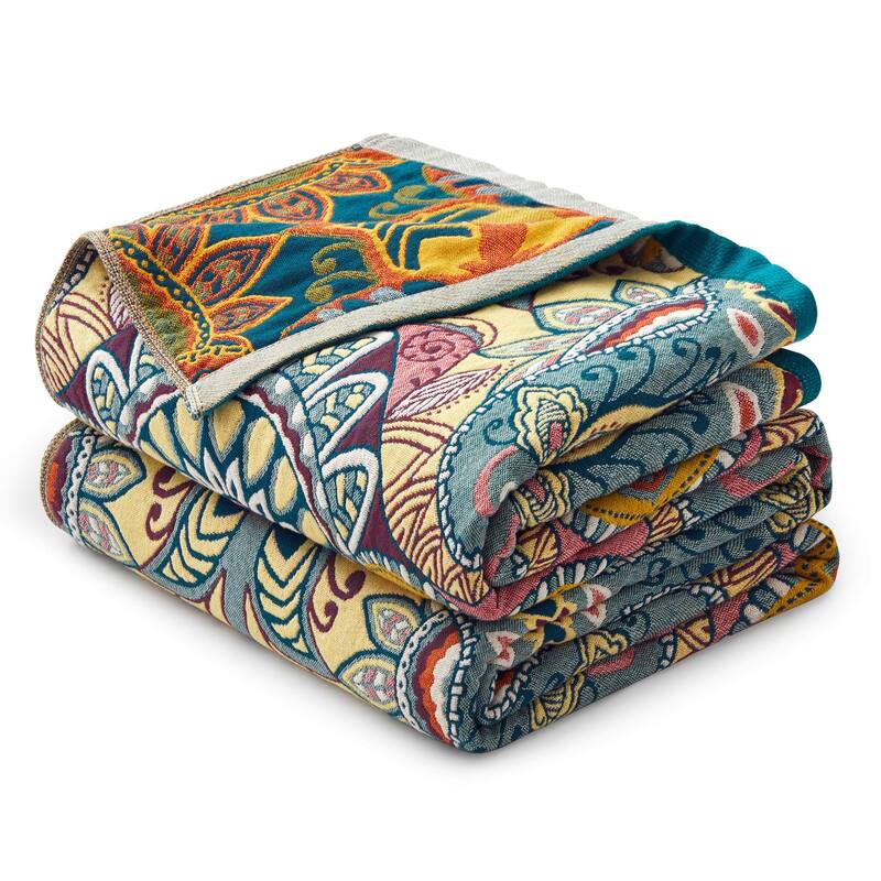100% Cotton Boho Floral Thermal Breathable Jacquard Throw Blankets