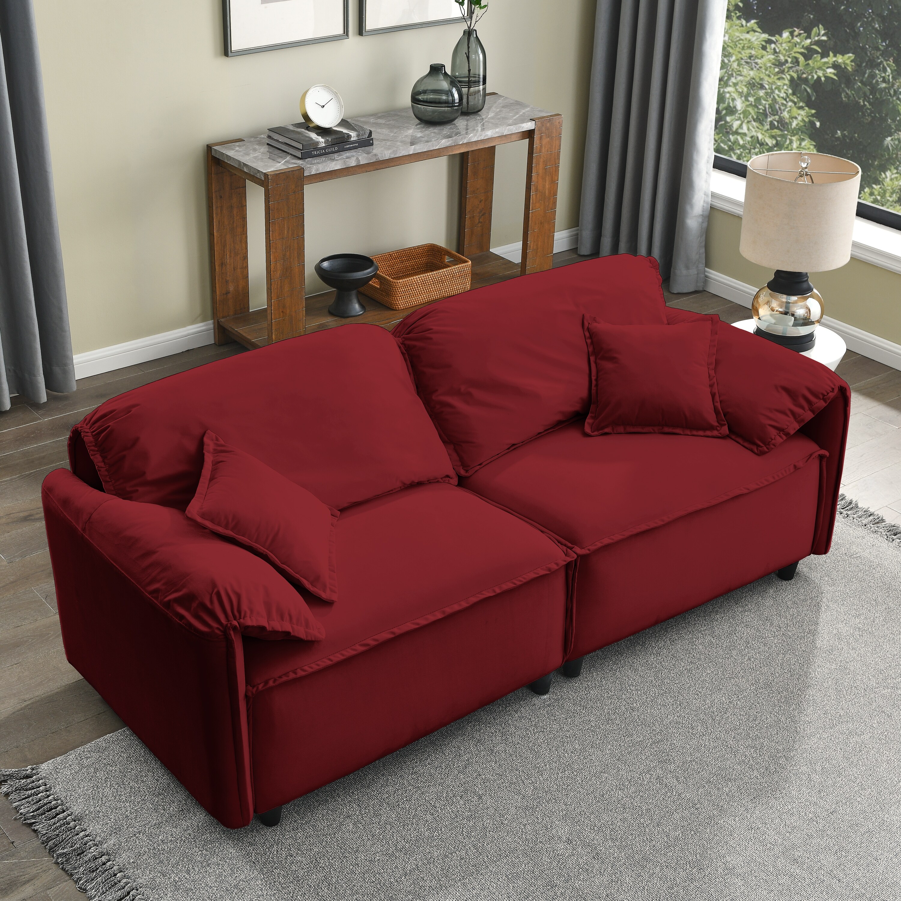 Red Plush 3 Seater Velvet Sofa with Pillows A Touch of Luxury