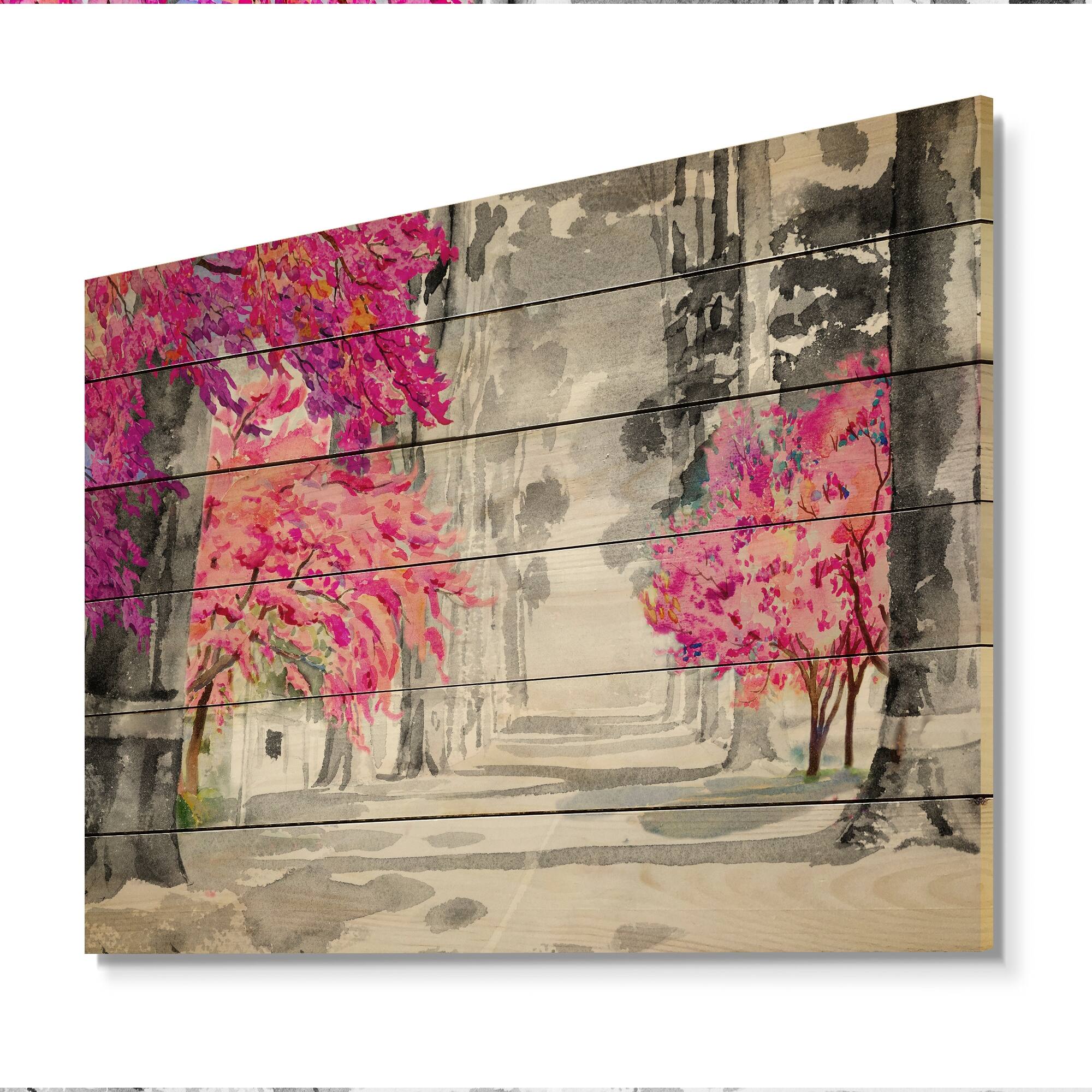 Designart 'Pink Cherry Blossom Tree Forest' Traditional Wood Wall Art ...
