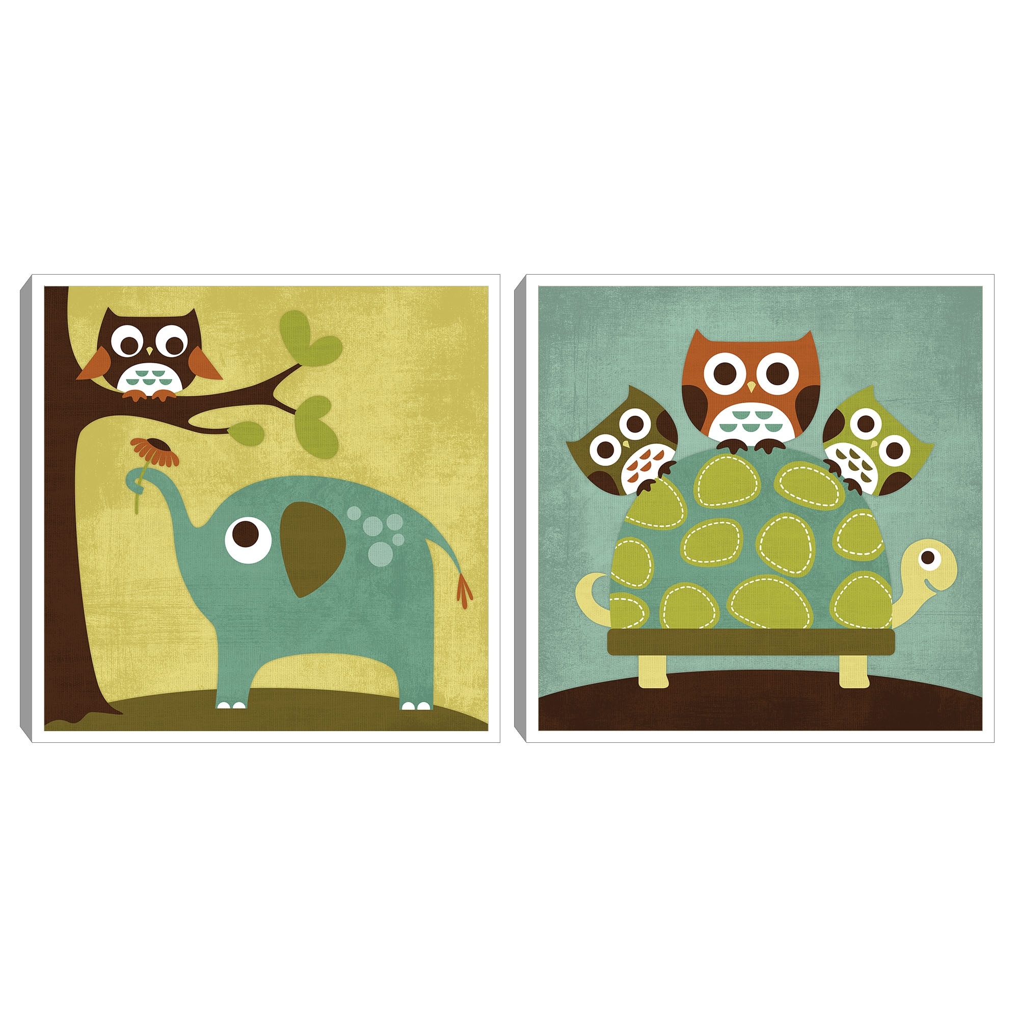 Owls, Elephant and Turtle by Nancy Lee 2-Piece Framed Art Set - 16x16x2