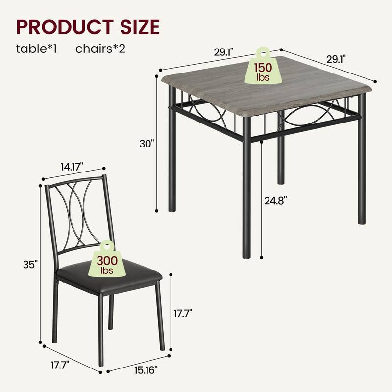 3-Piece Industrial Dining Set, Table with 2 Upholstered Chairs & Metal Legs, Space-Saving Breakfast Table Set - Retro Gray