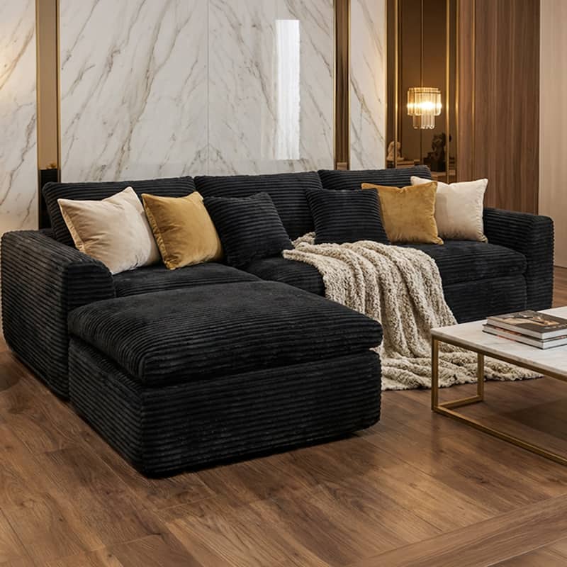 GDFStudio Zephyrian Corduroy Foam Modular Sofa with Cloud Cushions and Convertible Design - Black
