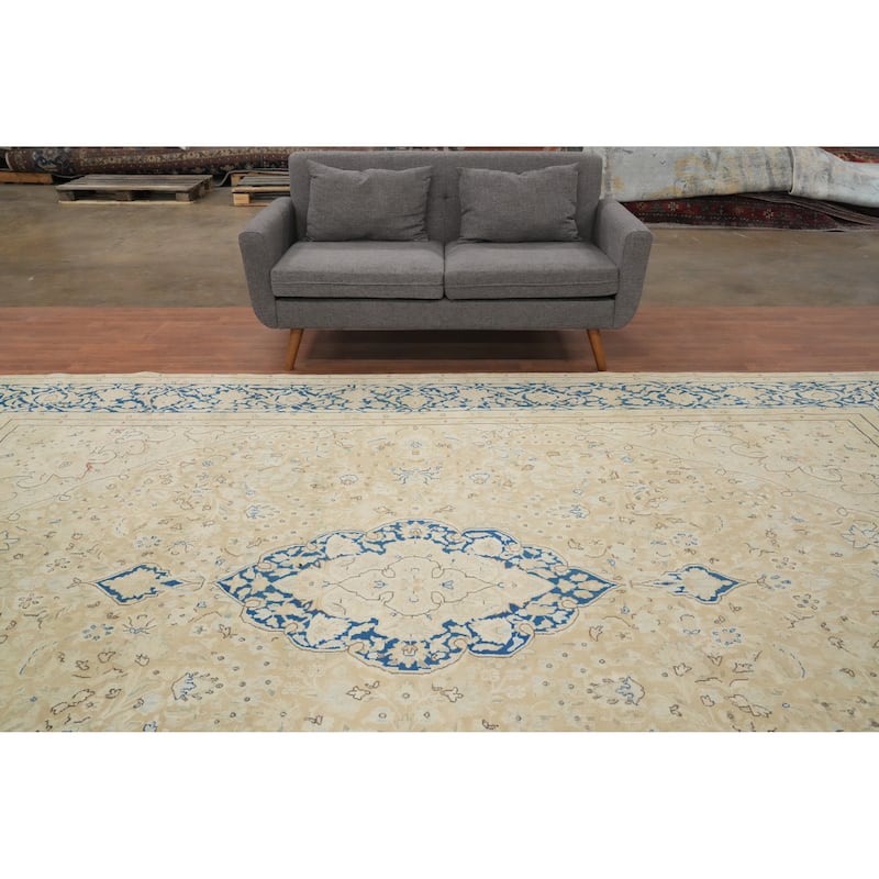 Hand Knotted Oriental 100% Wool Carpet Traditional Floral Beige & Ivories Kerman Area Rug - 13' 9'' X 9' 7''