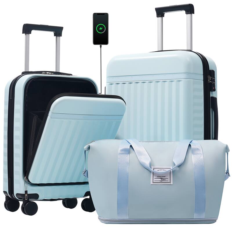 3-Piece Modern Front-Opening Luggage Expandable Luggage with USB Port and TSA Lock, for Boarding Travel, Light Blue - Blue