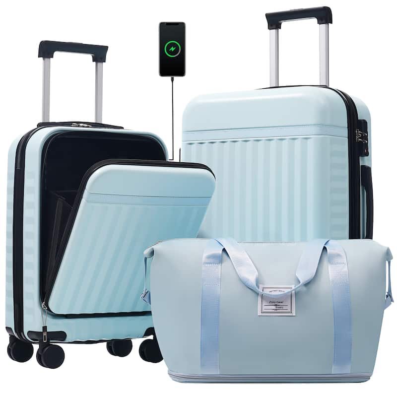 Classic 3 Piece Luggage Set Lightweight Hardside Suitcase TSA Lock Spinner Wheels, Front Opening Luggage Set for Home Travel - Light Blue