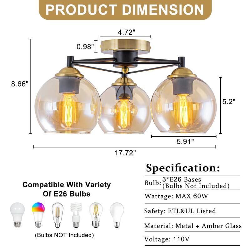 3 Lights Gold Flush Mount Ceiling Light with Amber Glass Globes - Dia.17.72-in