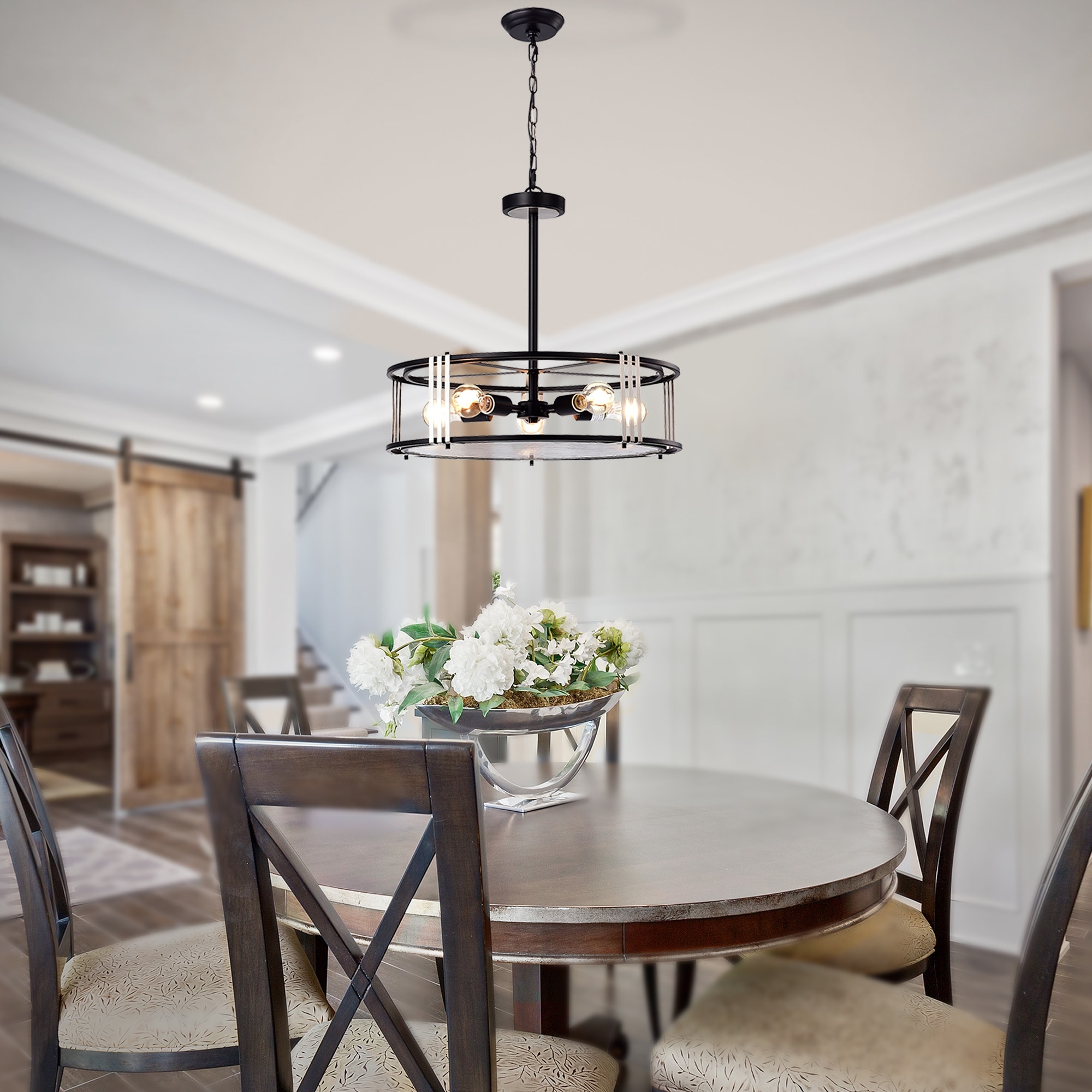 5 Light Black and Brushed Nickel Modern Drum Chandelier with Verre Strie Glass black and brushed nickel On Sale Bed Bath Beyond 39221514