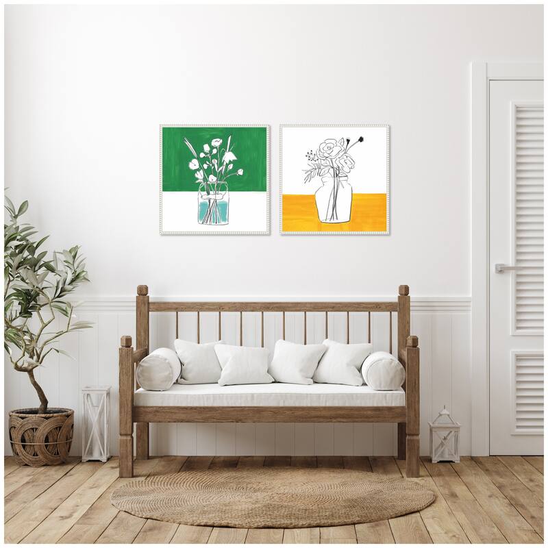 Kate and Laurel Sylvie Beaded Minimalist Floral Vase Green and Yellow Framed Canvas Art Set by Teju Reval