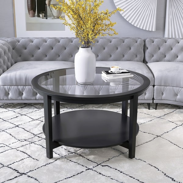 36-in Modern Black Glass Top Round Coffee Table with Shelf - Bed Bath ...