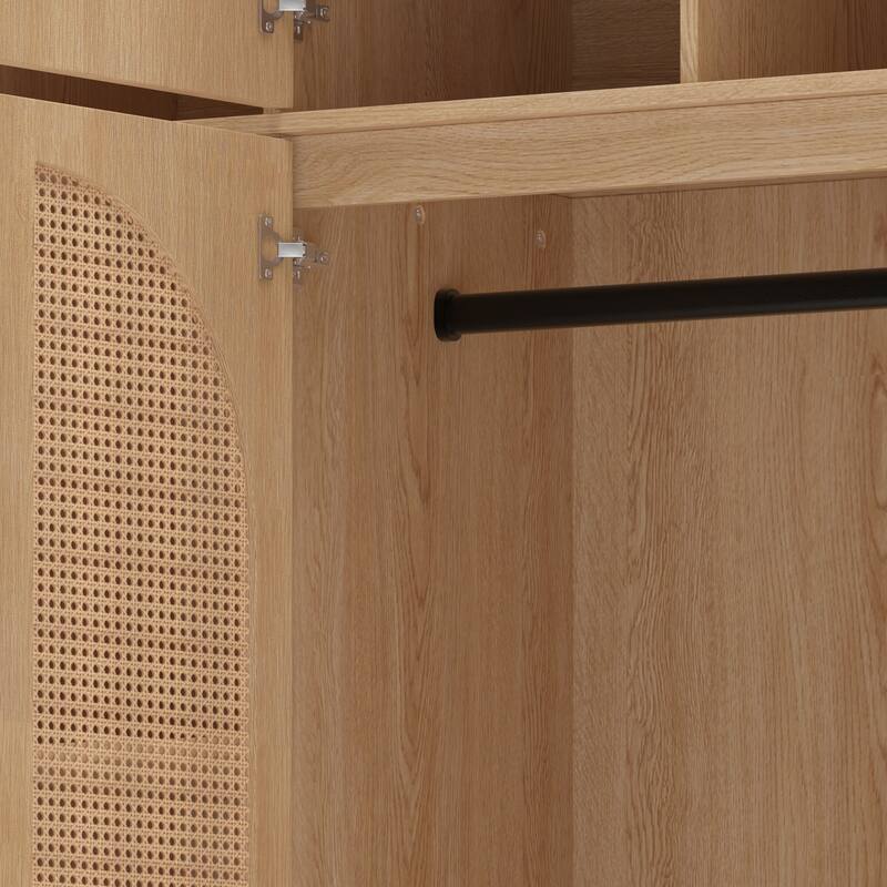 Rattan Decorative Doors Wardrobe Closet with Hanging Rod & Shelves, Large Capacity Armoire Clothing Storage Cabinet