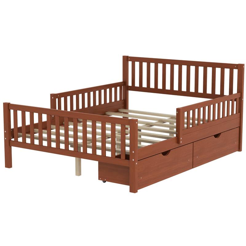Solid Wood Platform Bed Frame with Guardrail, Drawer