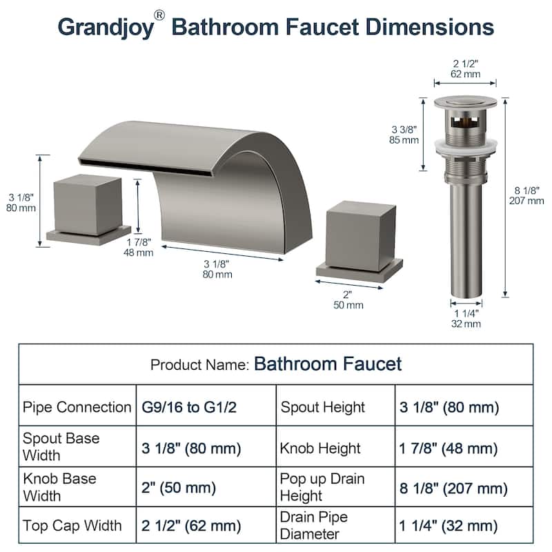 GRANDJOY Low Arc Waterfall Widespread Bathroom Sink Faucet