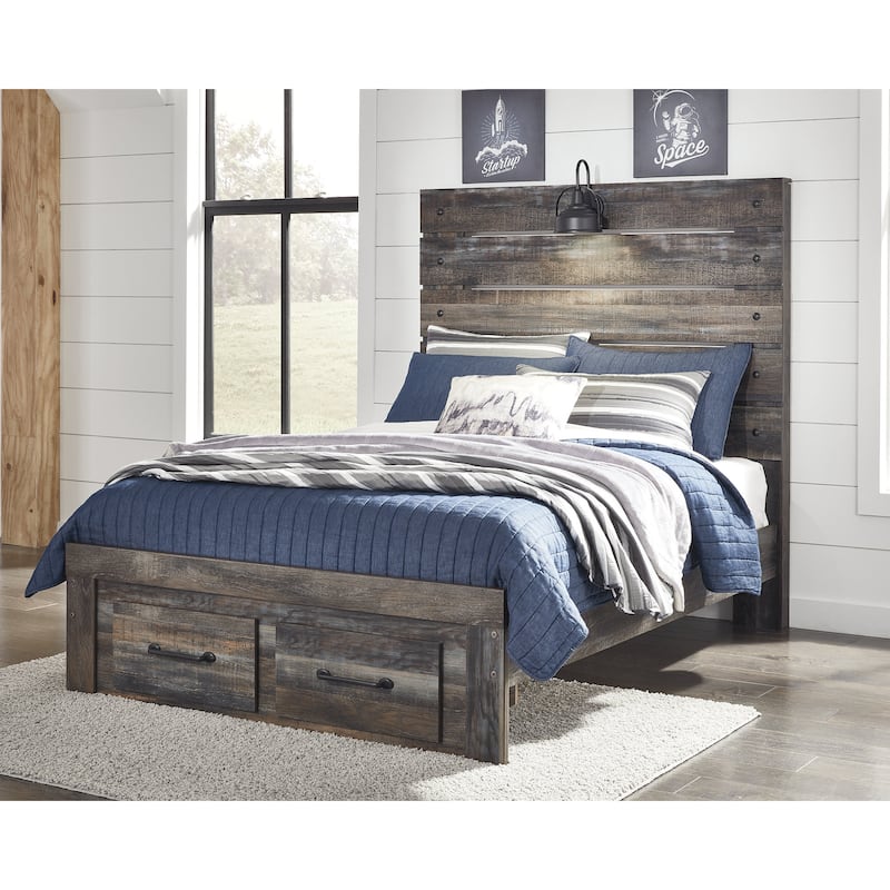 Drystan Rustic Brown Panel Bed with Footboard Storage Drawers