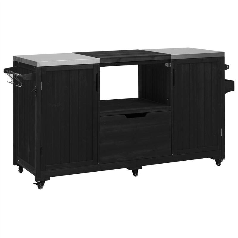 Outdoor Kitchen Island for Big Green Egg Grills, Solid Wood Outdoor Grill Cart w/Stainless Steel Top &Drawer, Patio Kitchen Cart