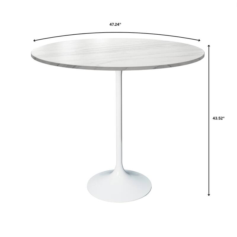 LeisureMod Verve 48" Round Bar Dining Table with Stone TableTop and White Steel Base for Kitchen & Dining Room