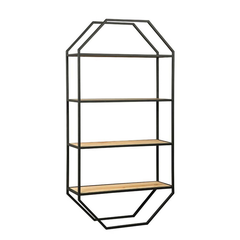 4 Tier Wooden Wall Shelf with Octagonal Open Metal Frame, Black