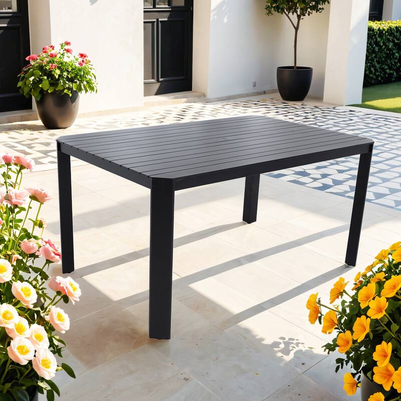 Modern Outdoor Aluminum table with Alternating Wide and Narrow Slats, Angled Corners, 2" Big Umbrella Hole