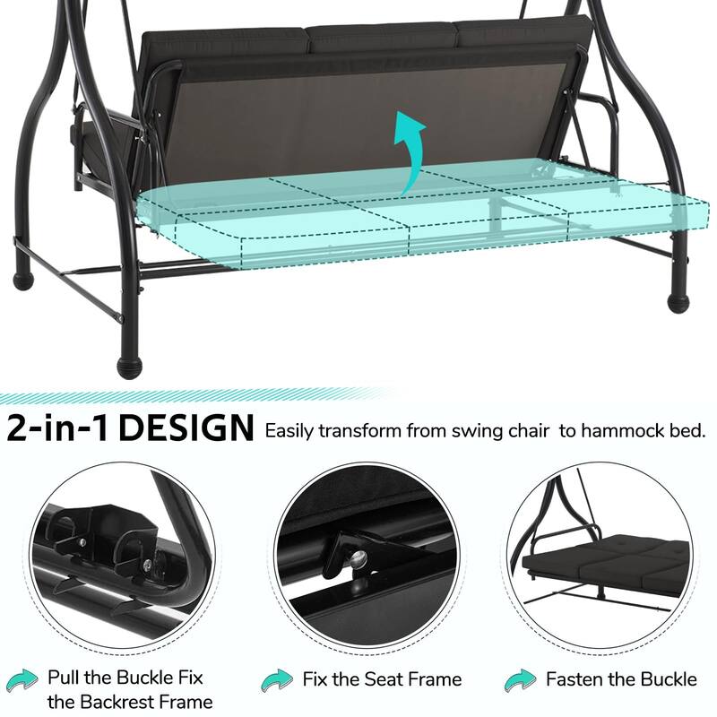 3-Seat Metal Patio Swing, Outdoor Porch Swing Glider with Cushions
