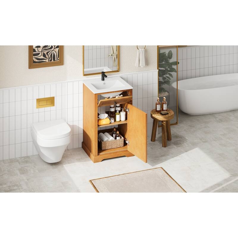 20" Bathroom Vanity with Integrated Ceramic Sink, Bathroom Cabinet with Soft-Closing Door, Solid Wood Bottom Frame