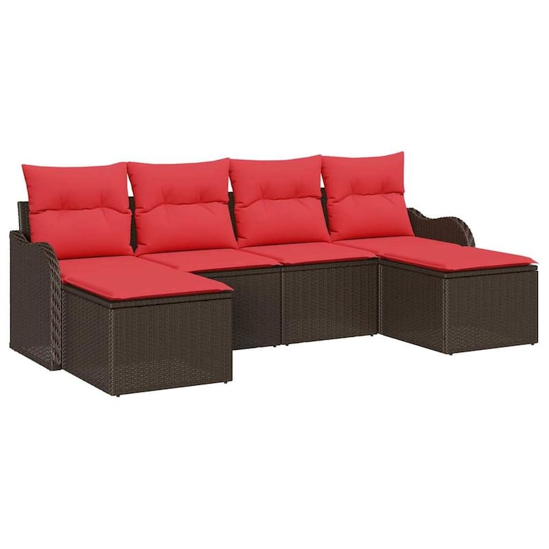vidaXL 6 Garden Sofa Set with Cushions Black/Brown/Grey Poly Rattan - 90.9 x 24.4 x 27.2