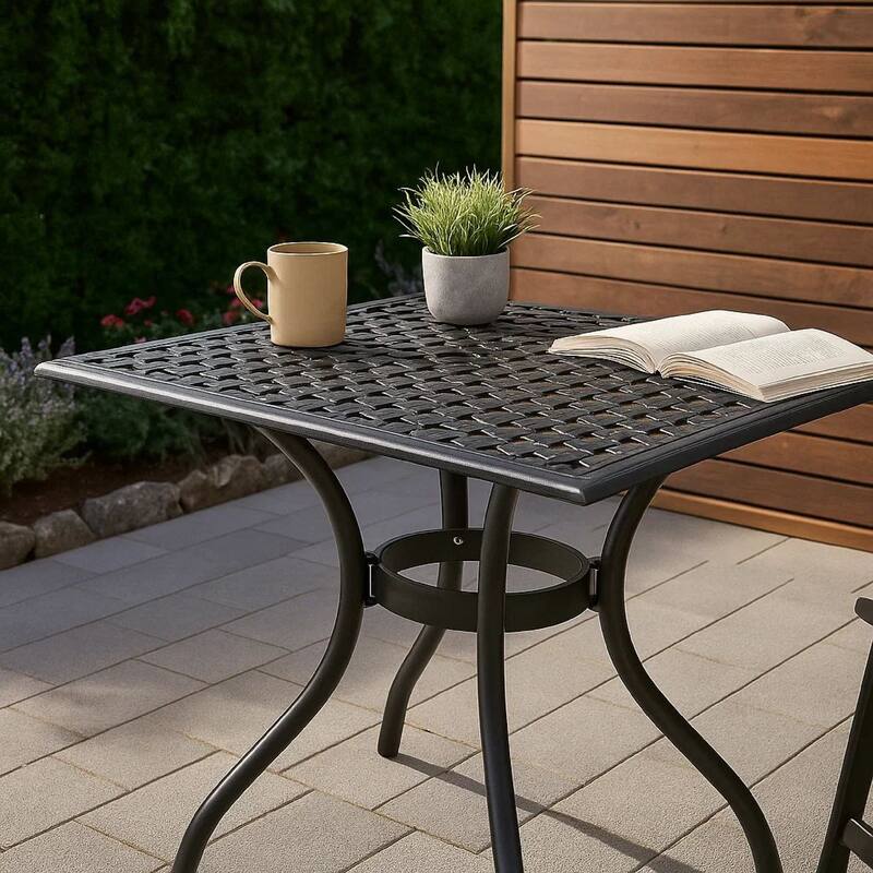 Cay Outdoor Dining Table, 40 Inch Square Top, Black Lattice Metal Design